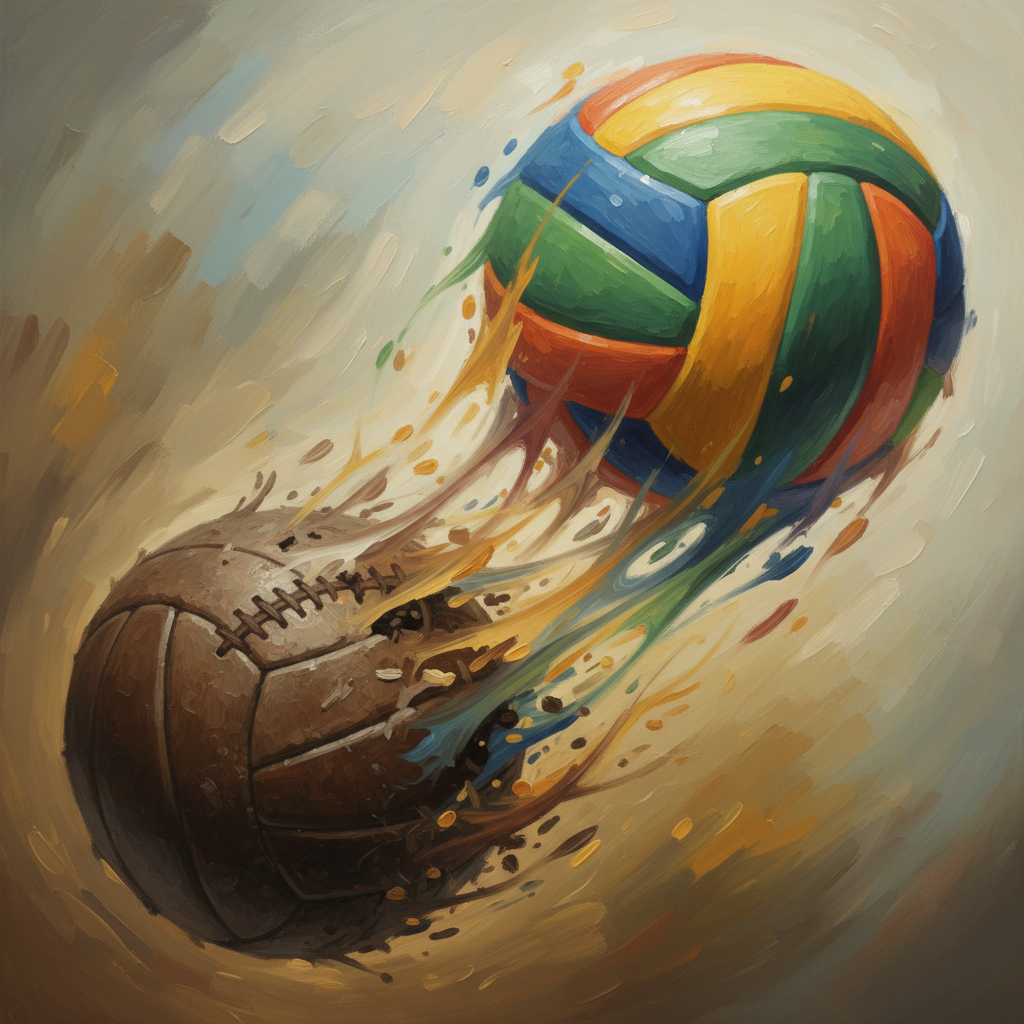 Abstract representation of volleyball evolution, old leather ball transforming into modern colored ball, artistic style