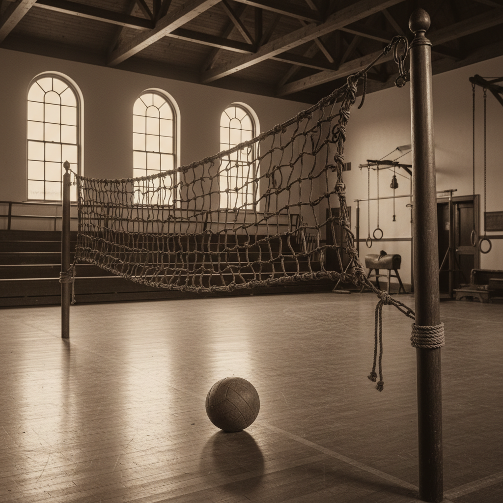 Old fashioned leather volleyball net and vintage leather ball, sepia tone, historical atmosphere, 19th century gym aesthetic