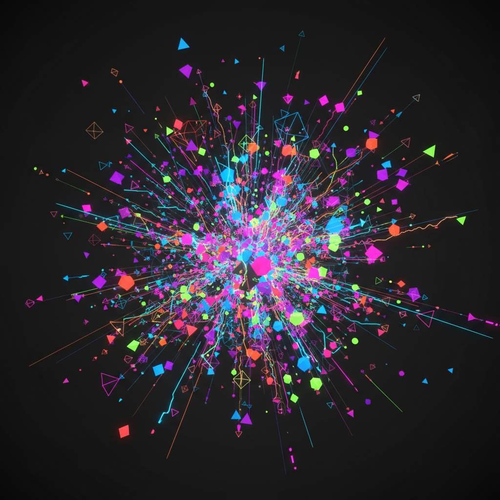 An explosion of colorful geometric shapes connected by dynamic lines, representing unstructured data, vibrant neon colors on dark background, chaotic but artistic