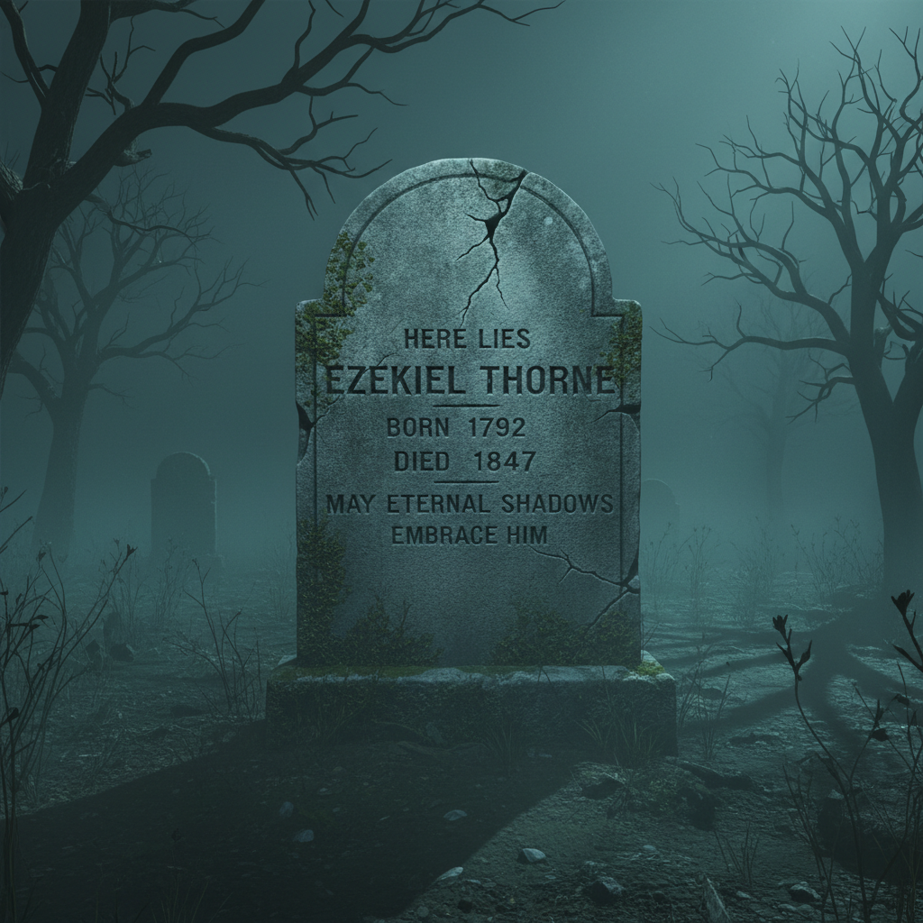 old worn stone tombstone with engraved text, dimly lit, eerie atmosphere