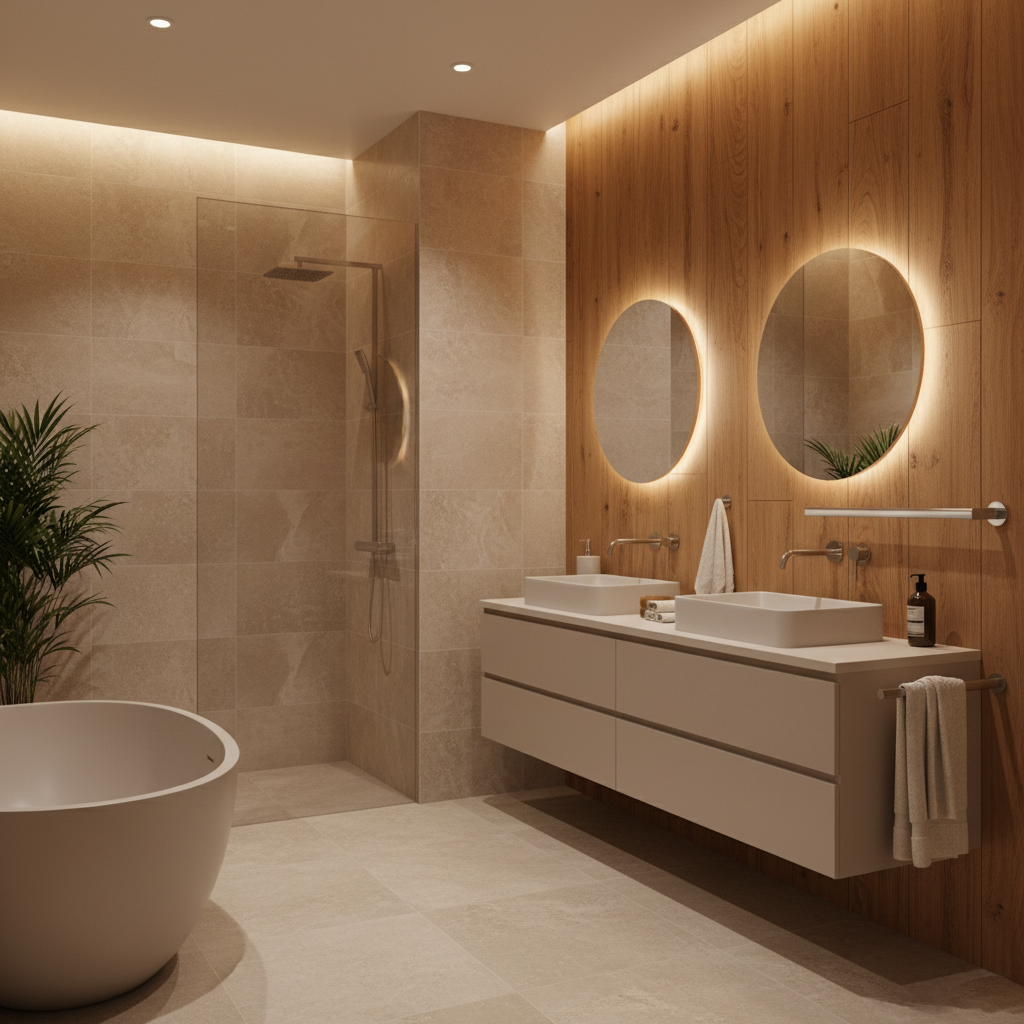 A warm, modern, high-end bathroom interior with soft lighting, beige and wood tones, featuring a sleek, matte aluminum safety handle that looks like a designer towel rack, photorealistic, architectural photography style, 8k resolution
