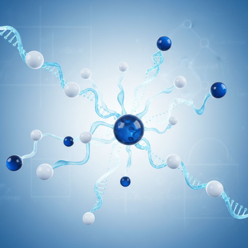 Abstract scientific illustration of atoms connecting with glowing bonds, blue and white clean background, 3d render, chemistry concept