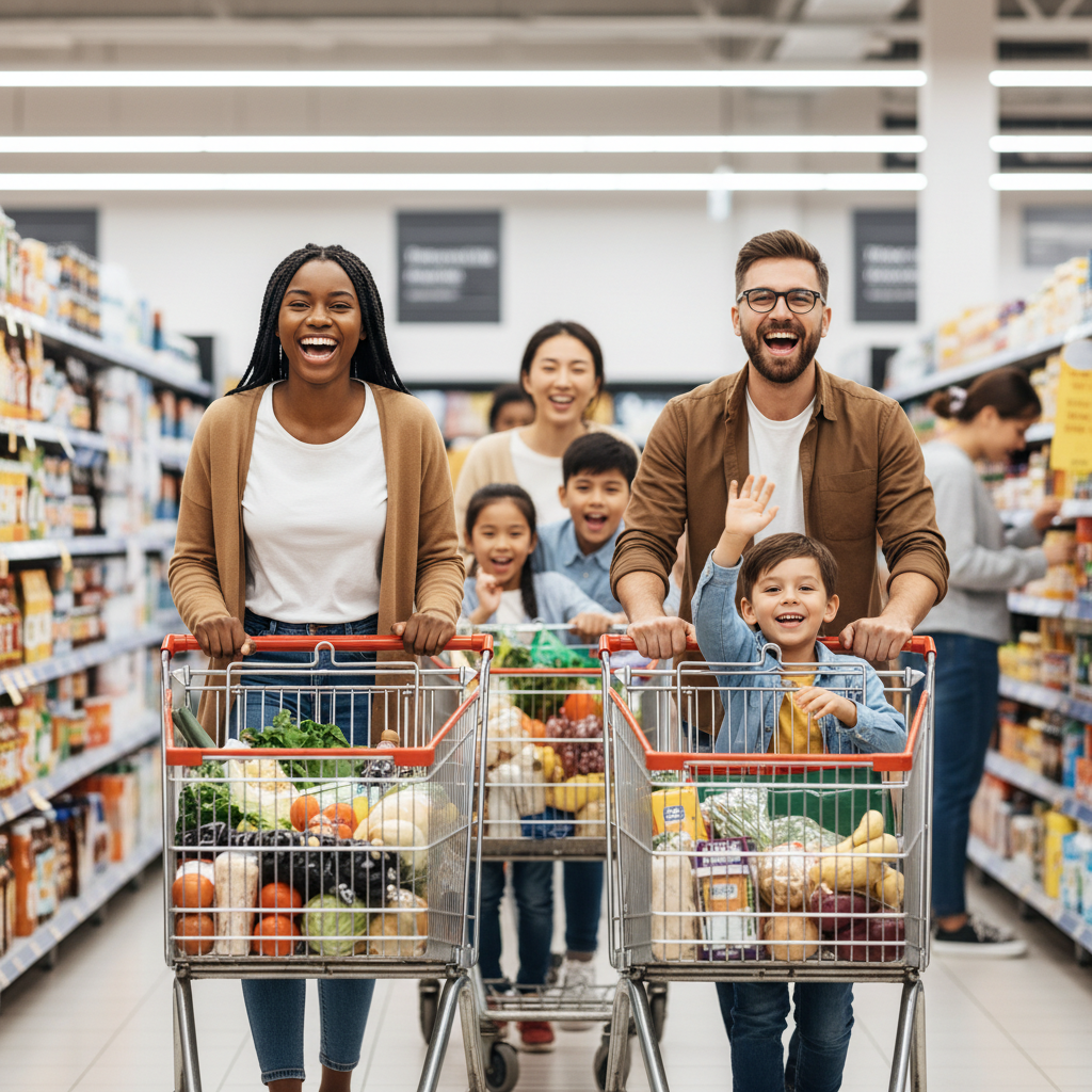 Diverse group of happy people pushing shopping carts in a supermarket aisle, blurred background, lifestyle photography, family shopping