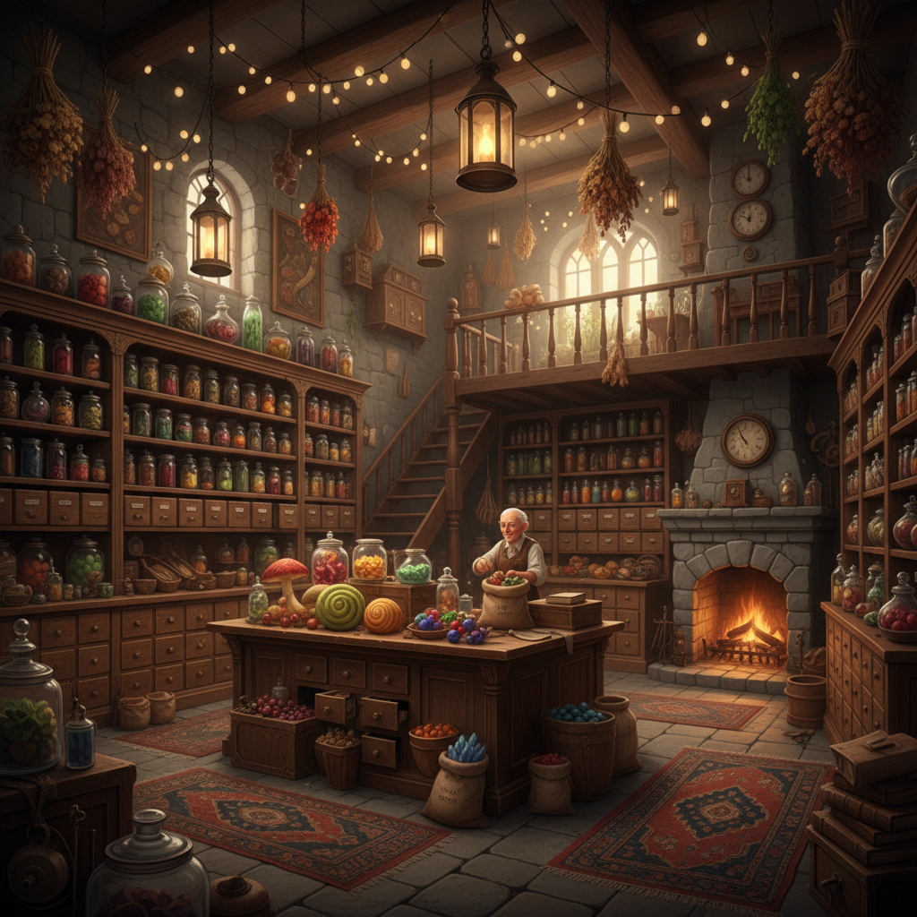 An interior of a rustic enchanting grocery store filled with drawers, jars, and strange items, warm lighting, cozy atmosphere