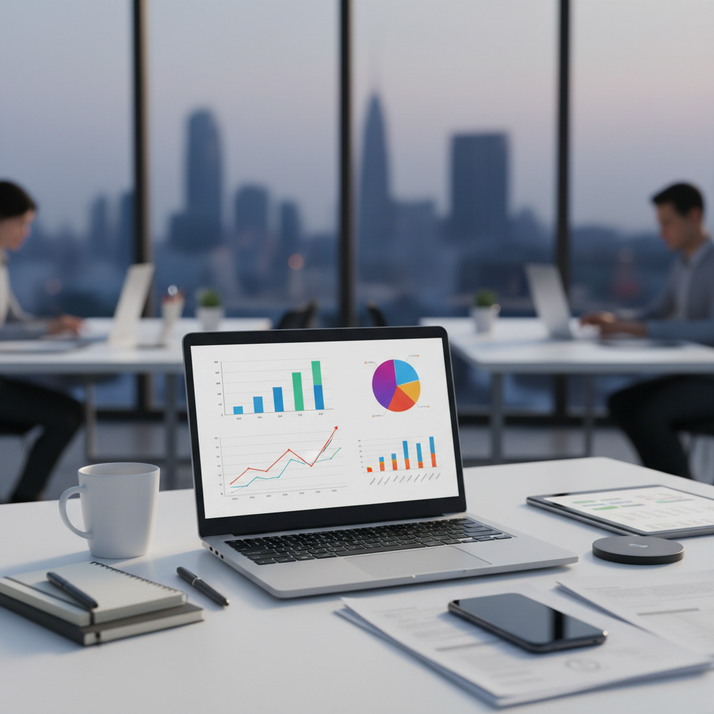 Office desk with laptop showing data charts and reports, business environment, soft lighting, professional, no text