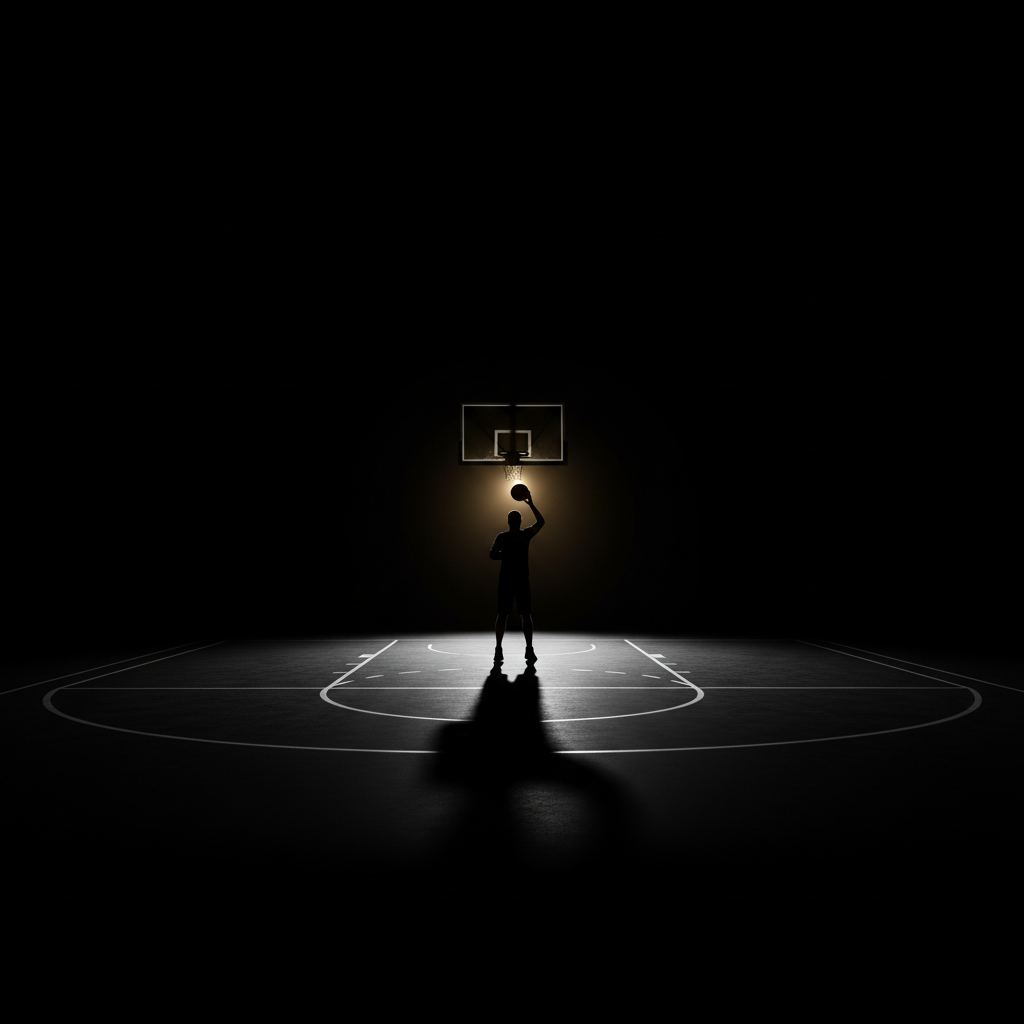 Minimalist black background, silhouette of a basketball player at the free-throw line, cinematic lighting, high contrast, 8k resolution