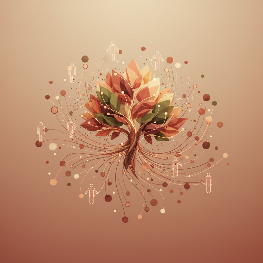 Abstract representation of a digital network connecting people to a central nature theme, warm earth tones, minimal clean design, 3d render