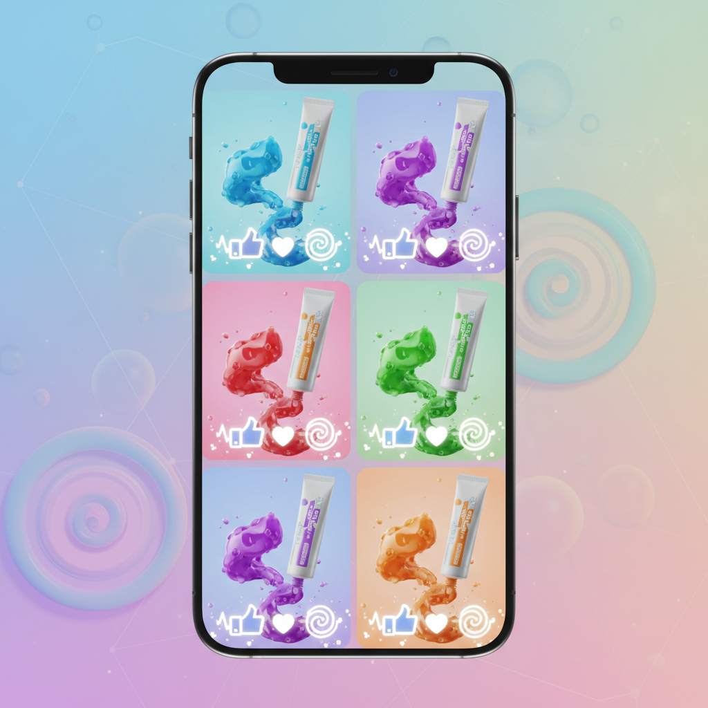 Conceptual illustration of a smartphone screen showing a social media feed with colorful toothpaste advertisements, likes, hearts, and viral engagement icons, 3D render style