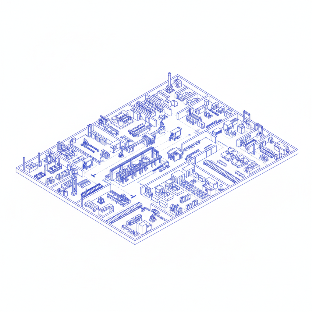 Abstract 3D architectural blueprint of a factory floor layout, isometric view, clean blue lines on white background