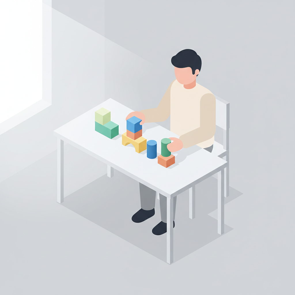 Minimalist isometric illustration of a student organizing colorful blocks representing time on a desk, clean background, soft lighting, high quality