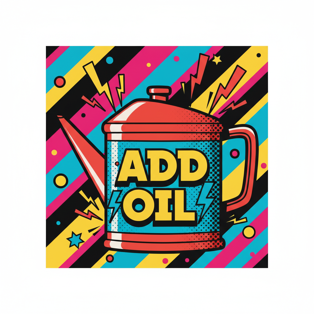 Illustration of a retro oil can with the text 'Add Oil' and lightning bolts indicating energy, pop art style