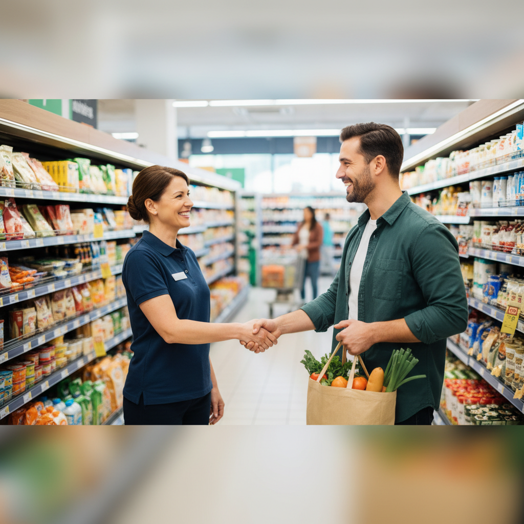 Store manager smiling and shaking hands with a happy customer in a supermarket aisle, symbolizing service and loyalty