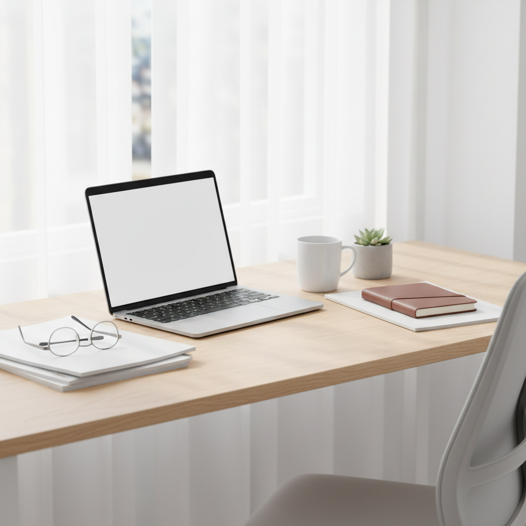 clean modern office desk with glasses, documents and a laptop, minimalist style, bright lighting, representing research workspace