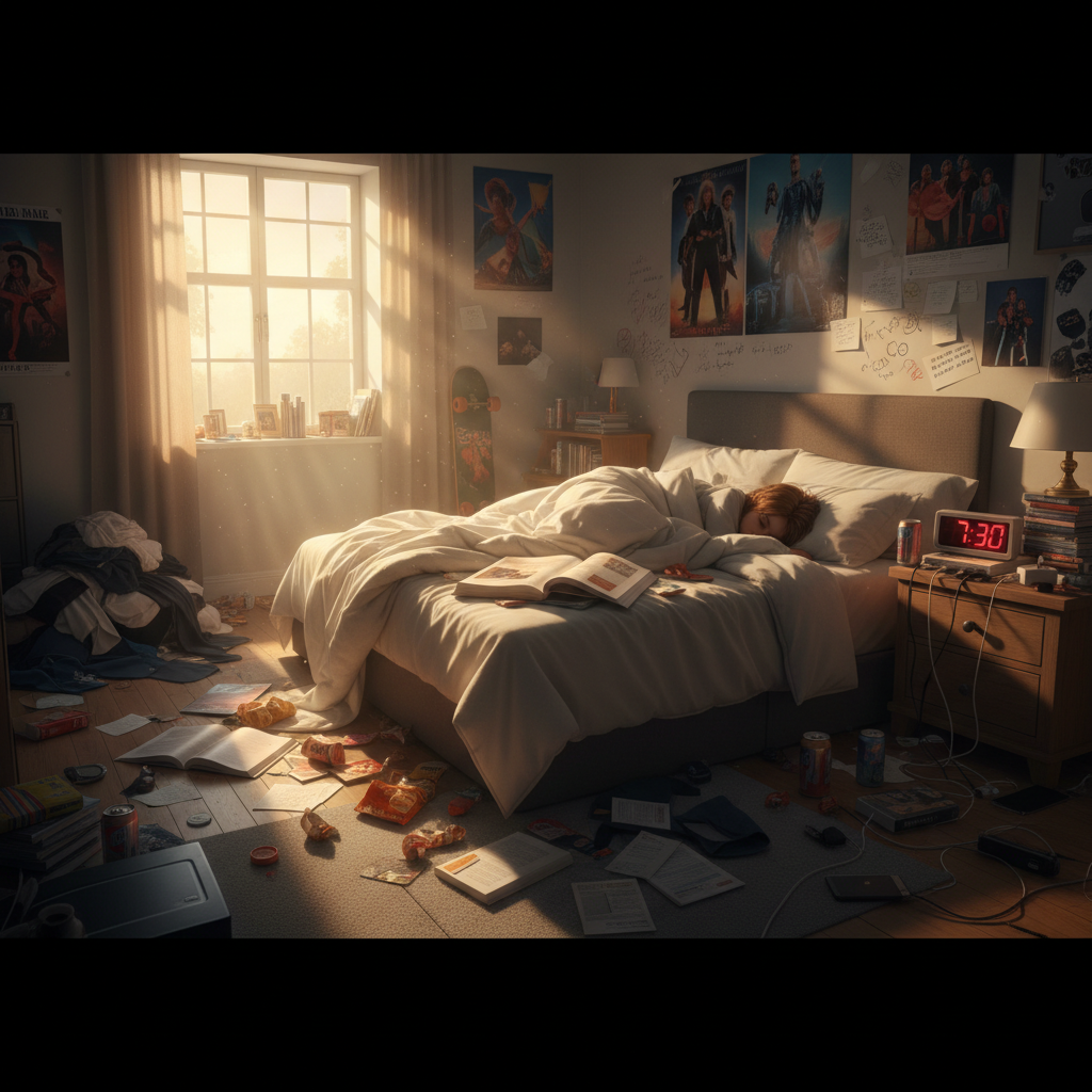 Morning sunlight entering messy teen bedroom, alarm clock
