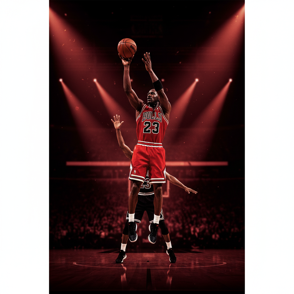 Michael Jordan Chicago Bulls jersey rising for a midrange jump shot over a generic defender, cinematic stage lighting, moody atmosphere, aggressive red and black tones