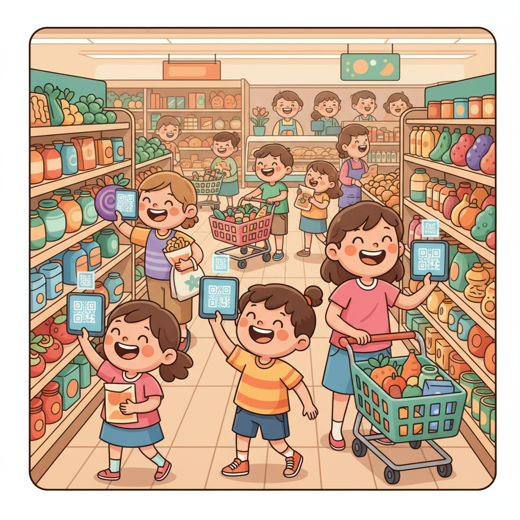 Cartoon illustration of a grocery store where children are scanning QR codes on products, happy shoppers, bright colors