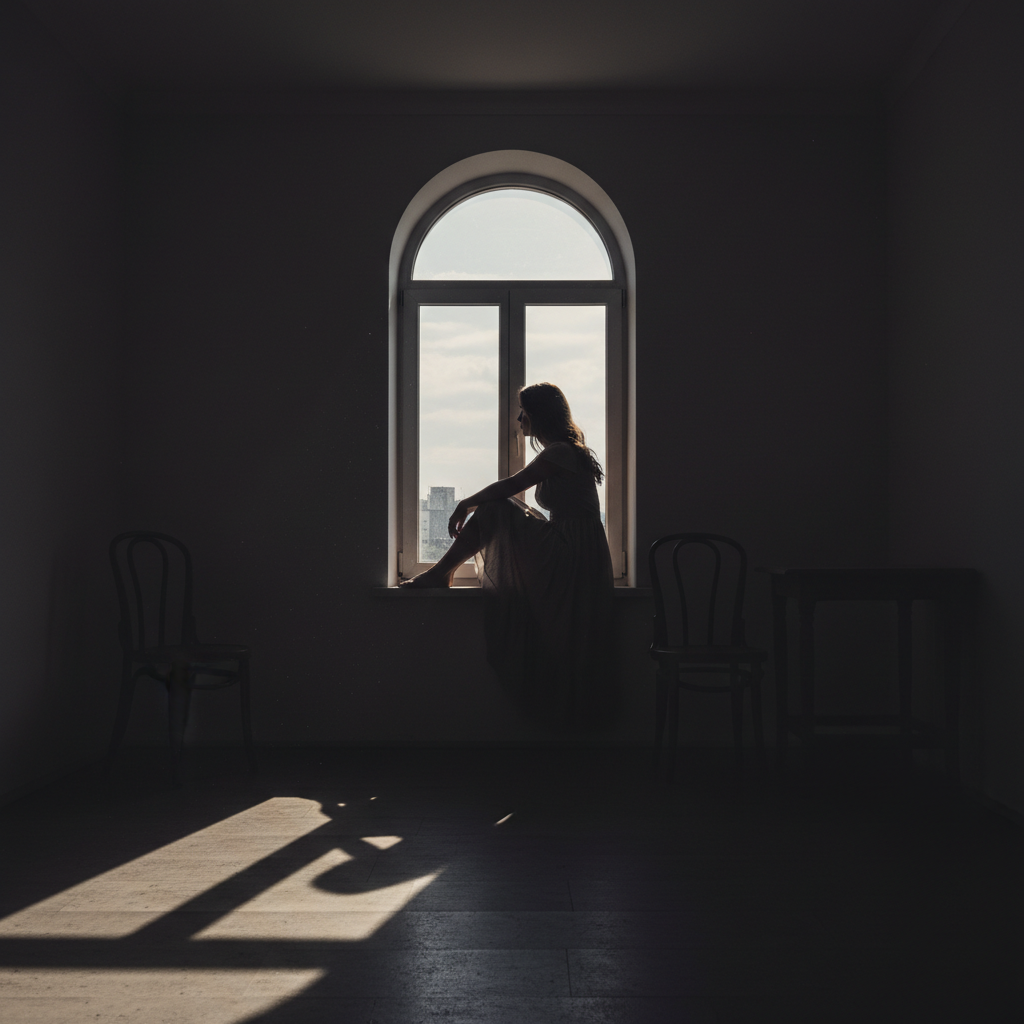 Silhouette of a lonely woman sitting near a window in a dimly lit room, contemplative and isolated, contrasting shadows, cinematic style