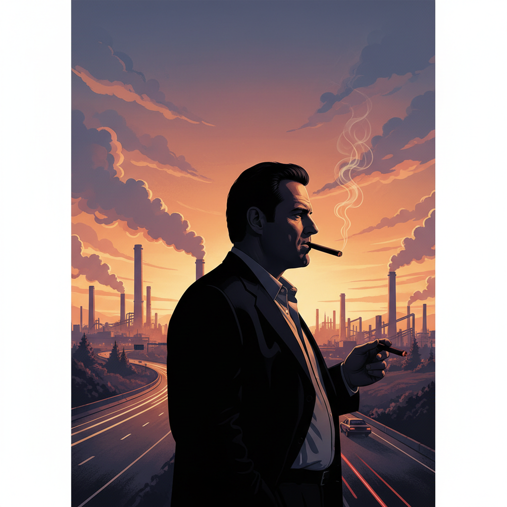Silhouette of Tony Soprano smoking a cigar, new jersey background, cinematic poster style
