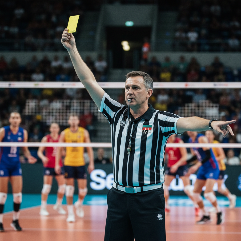 Professional volleyball referee holding up a yellow card in a bright stadium, blurred background of players, realistic style