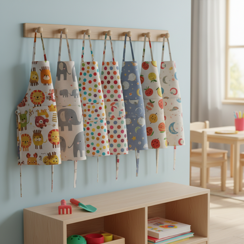 Cute small aprons for kindergarten duty, colorful fabric patterns, hanging on hooks, neat and tidy