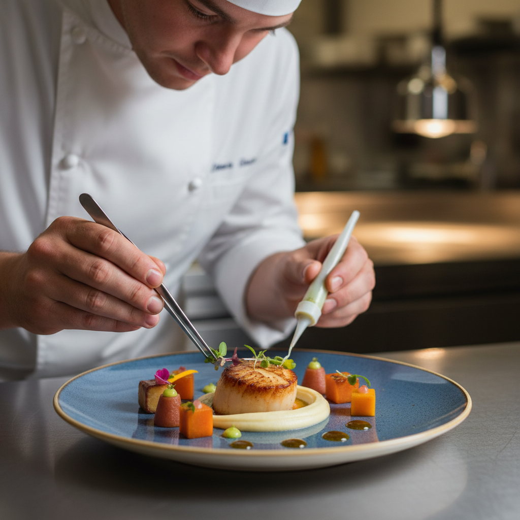 Chef neatly arranging a gourmet dish on a plate, fine dining presentation, culinary art
