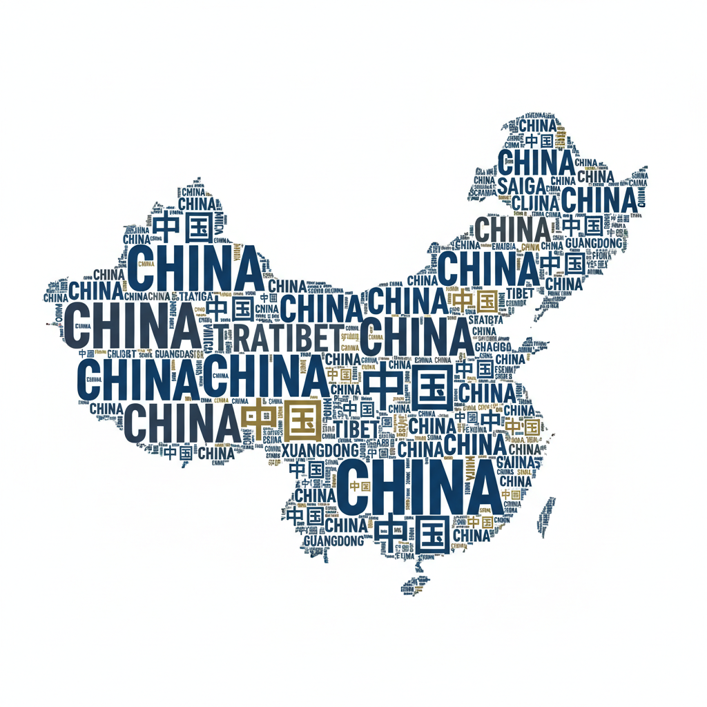 Minimalist map of China formed by English and Chinese typography, clean academic concept art
