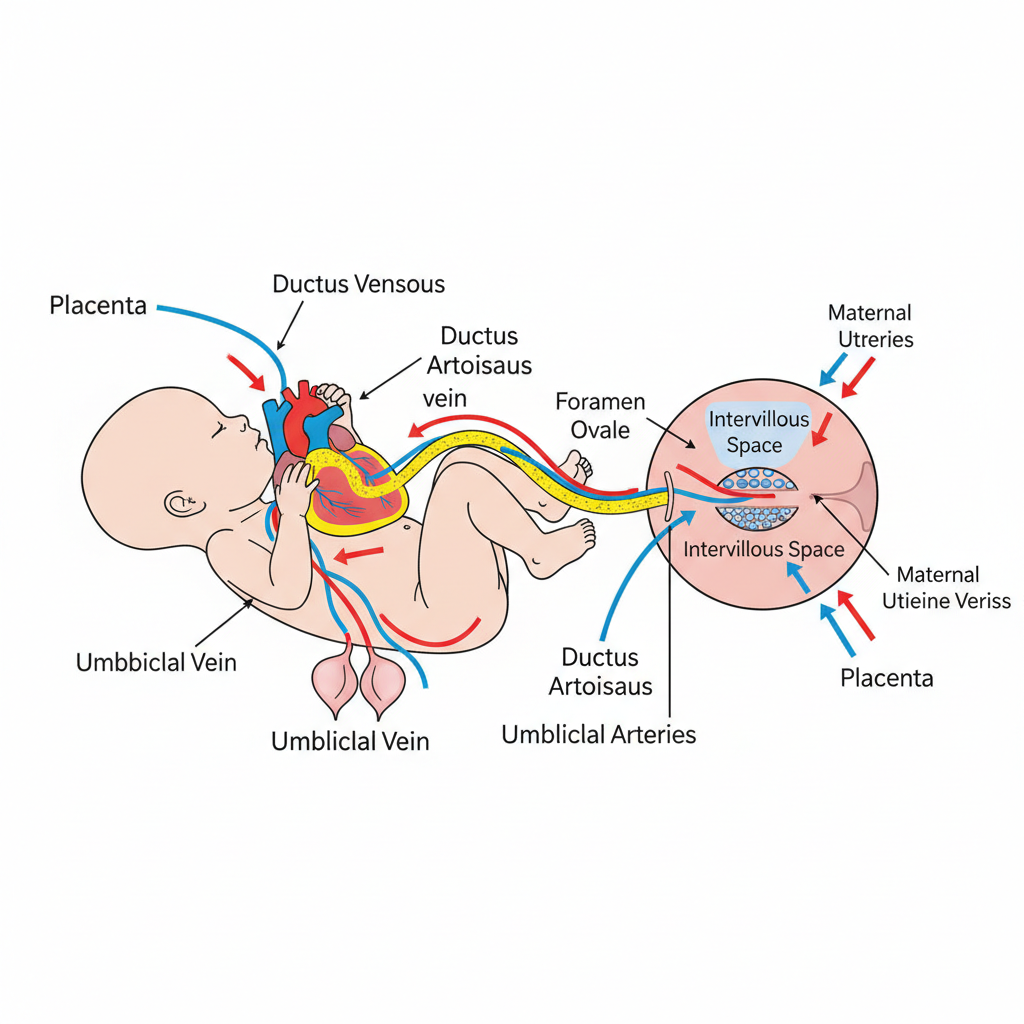 Diagram of fetal circulation and placental exchange, medical textbook style, clean lines, highlighting umbilical cord and heart
