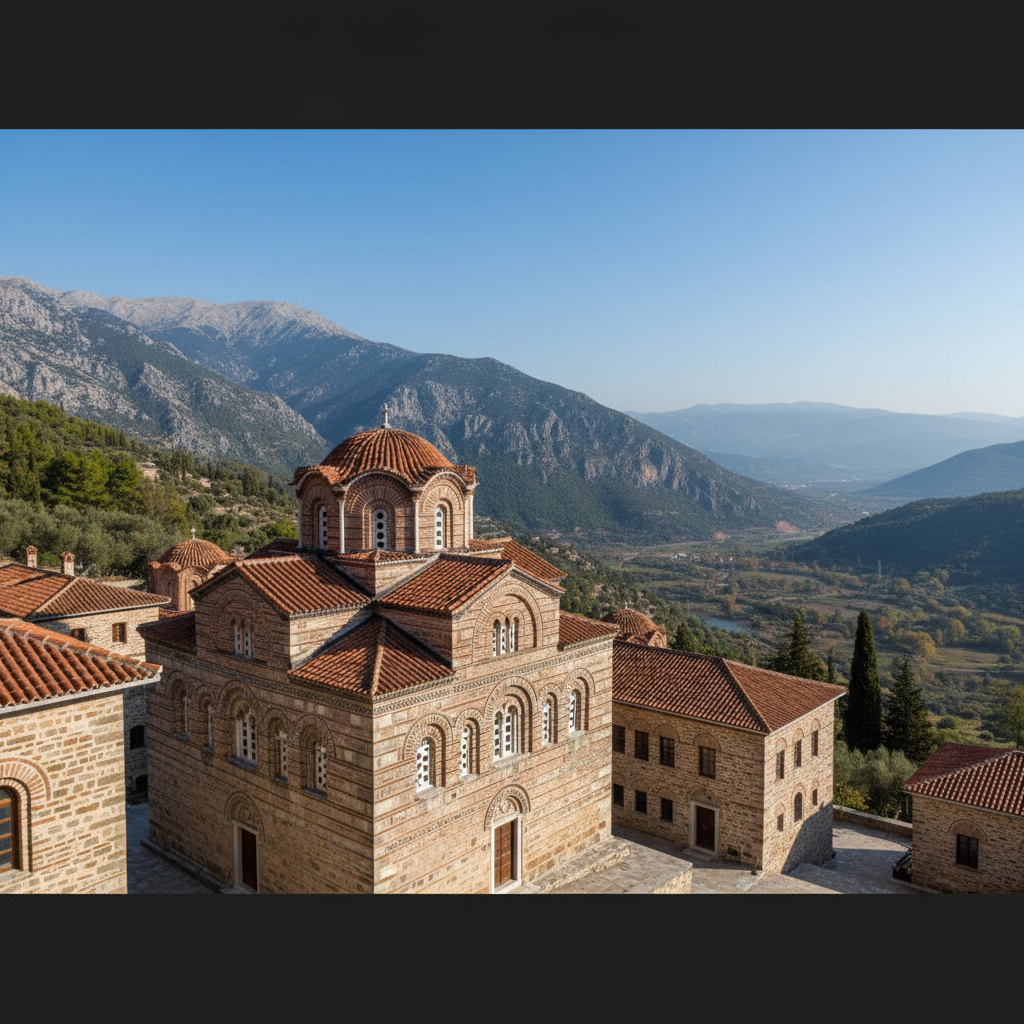 Exterior of Hosios Loukas monastery, stone and brick patterned walls, dome with red tile roof, mountainous greek landscape background