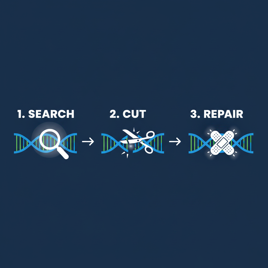 Infographic style 3-step process of gene editing: 1. Search (magnifying glass on helix), 2. Cut (scissors on helix), 3. Repair (Bandage on helix). Flat vector style on dark background.