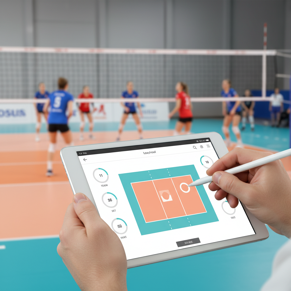 Close up of hands using a digital tablet with volleyball scoring software interface, blurred volleyball court in background