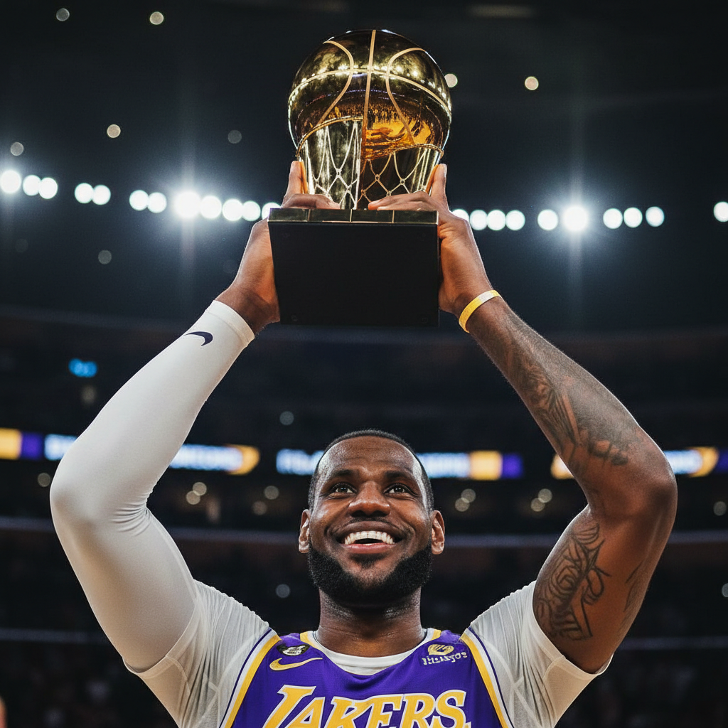 LeBron James holding a basketball trophy, smiling, stadium lights in background