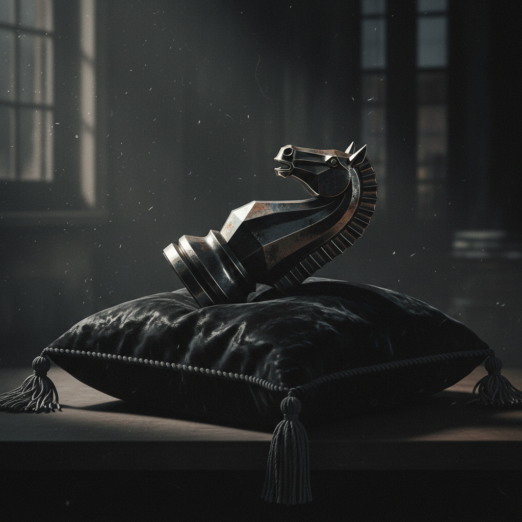 Abstract artistic representation of a horse chess piece lying on a luxurious pillow, dark mood, noir style