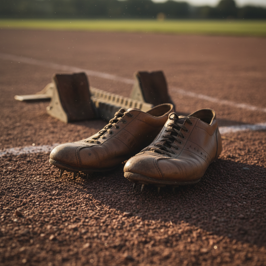 Close up of vintage 1930s leather running track shoes on a cinder track, starting blocks, cinematic lighting, historical sports equipment