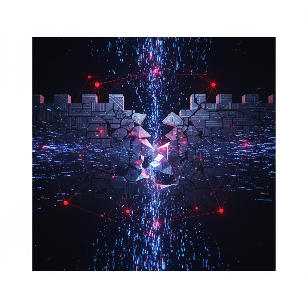 Abstract digital illustration of a breach in a fortress wall, data particles leaking out, dark background with red warning glows, minimalist tech style