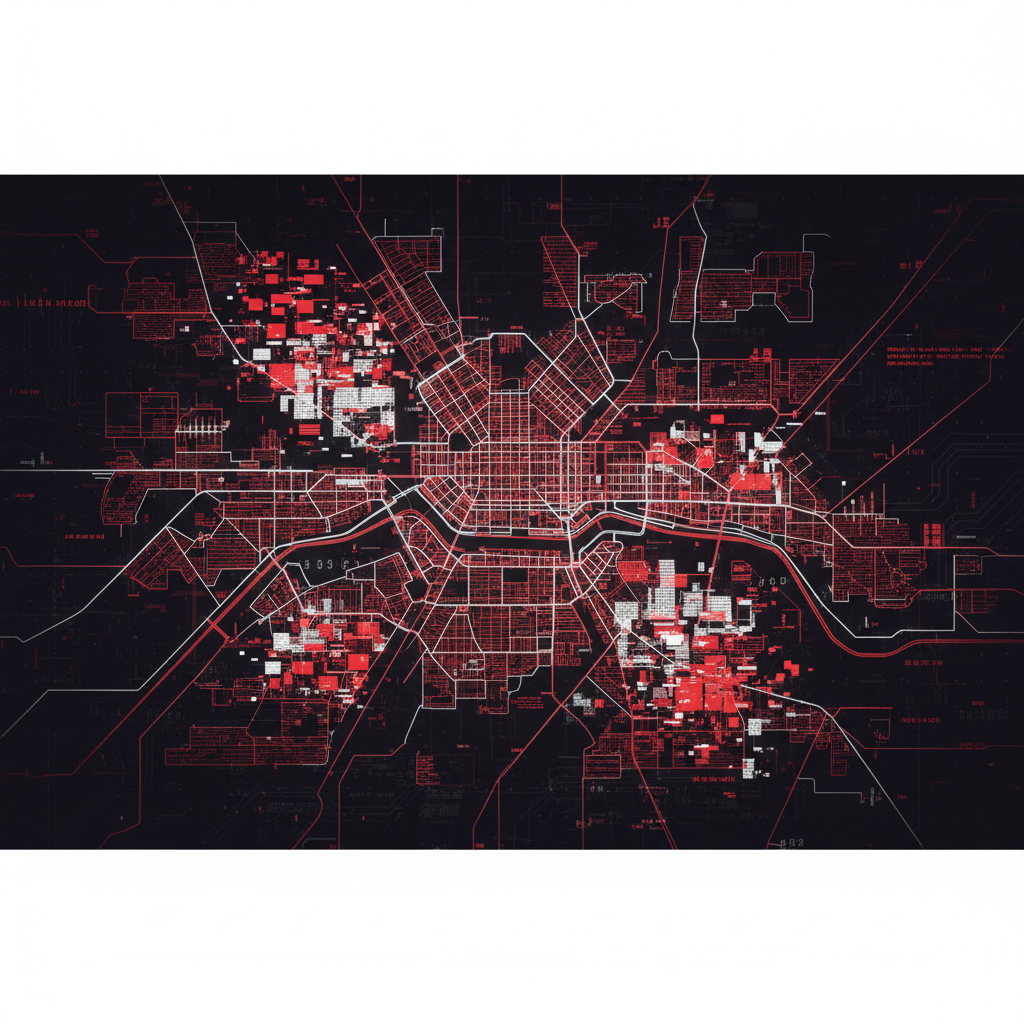 Abstract digital map of Amsterdam with missing glitchy data sectors, concept of data gaps, matrix style red and white