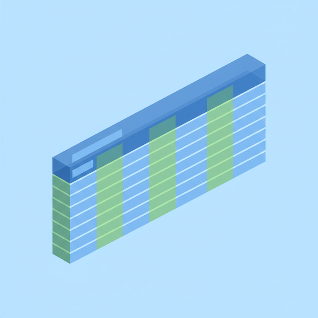 An educational illustration of a database table structure, highlighting rows in one color and columns in another, clear text labels, isometric view