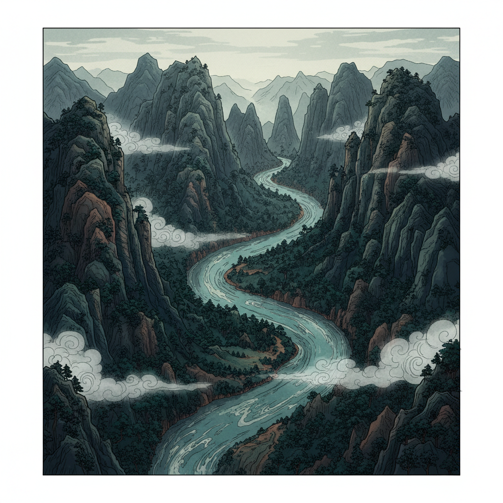 Aerial illustration of the Xiling Gorge and Yangtze River winding through tall mountains, mist, moody lighting, map-style aesthetic.