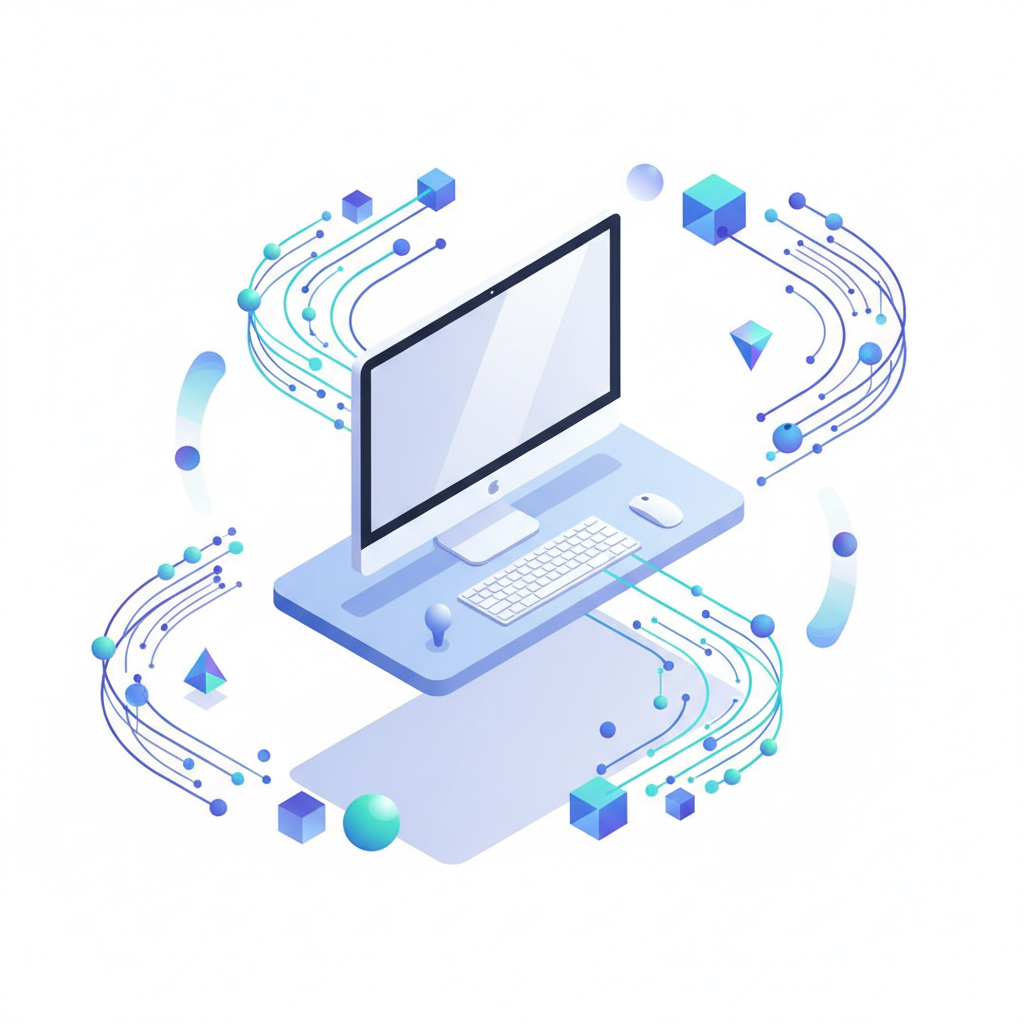 A clean, modern isometric illustration of a computer setup with abstract data streams flowing around it, minimal and educational style