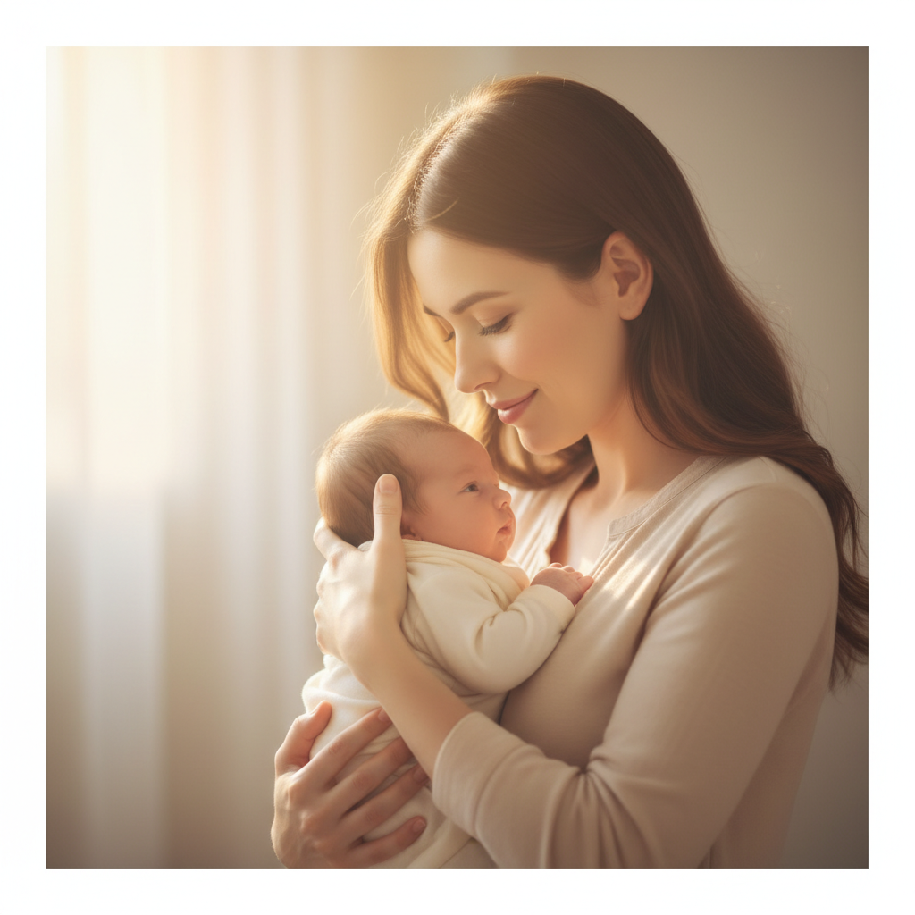Warm professional photography of a mother holding a baby, soft lighting, morning sun, high quality, commercial aesthetic, minimal background, conveying trust and care
