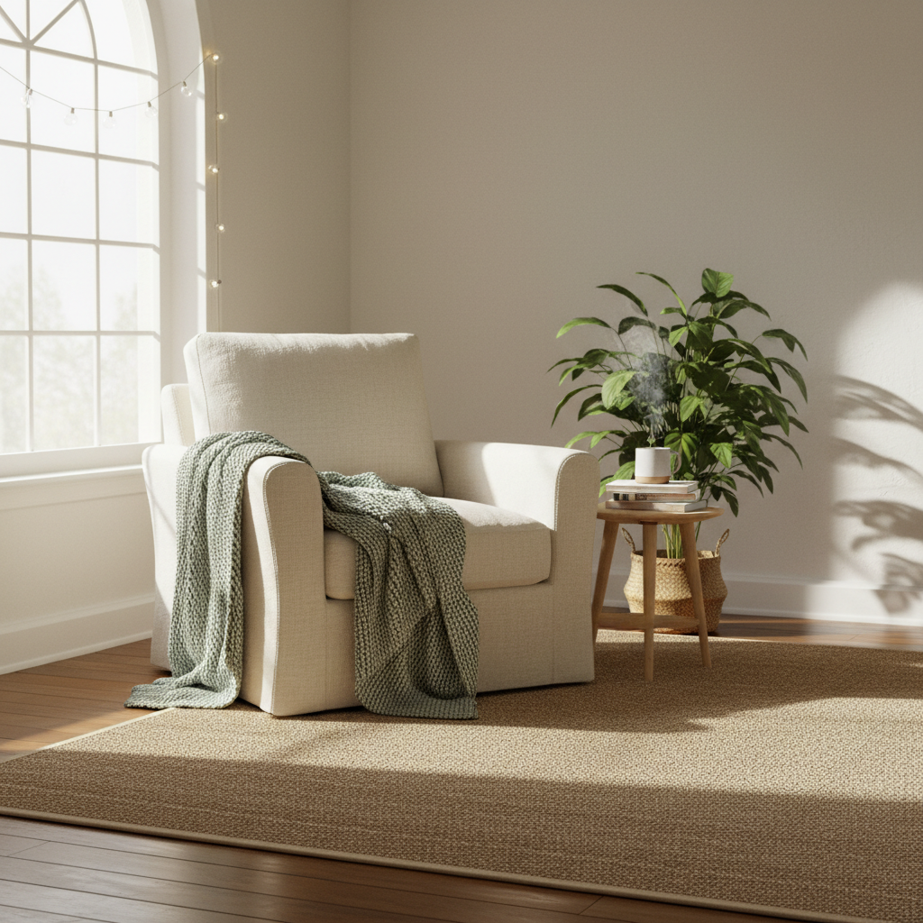 a comfortable chair in a sunlit room, sanctuary, peaceful interior design, healing atmosphere, soft shadows