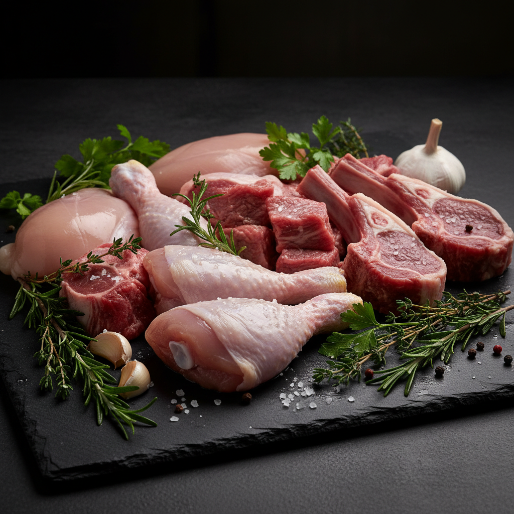 high resolution cinematic close up of fresh raw chicken and mutton cuts on a dark slate stone background with fresh herbs, professional food photography, dramatic lighting, 8k