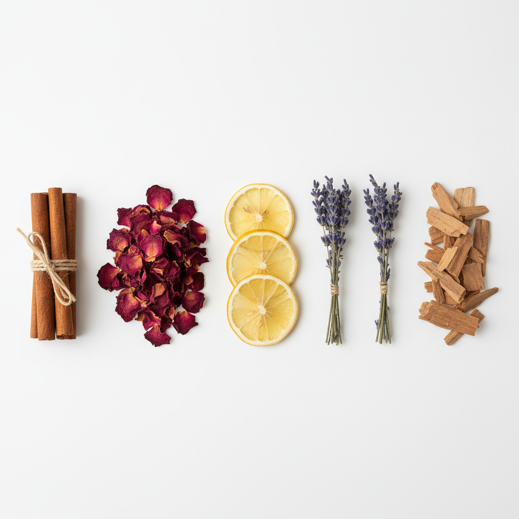 Flat lay of perfume ingredients: cinnamon sticks, dried rose petals, lemon slices, lavender bundles, and cedar wood pieces on a white background