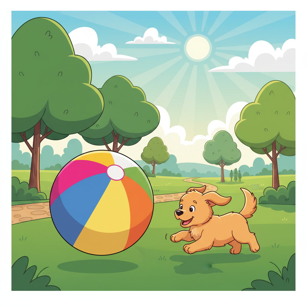 A cute dog chasing a large colorful ball in a park, bright daylight, cartoon style.