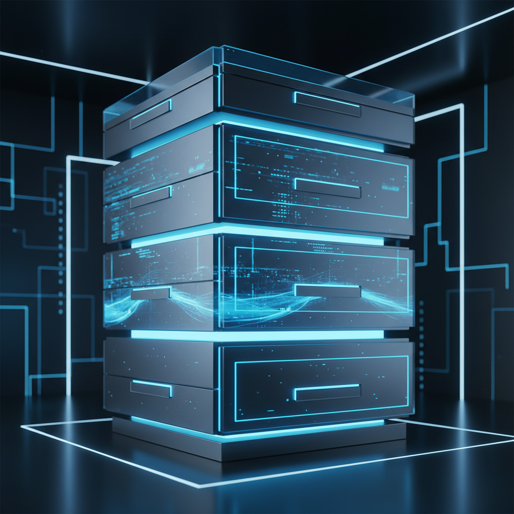 A modern, sleek digital filing cabinet glowing with blue light, representing organized information storage, 3D render