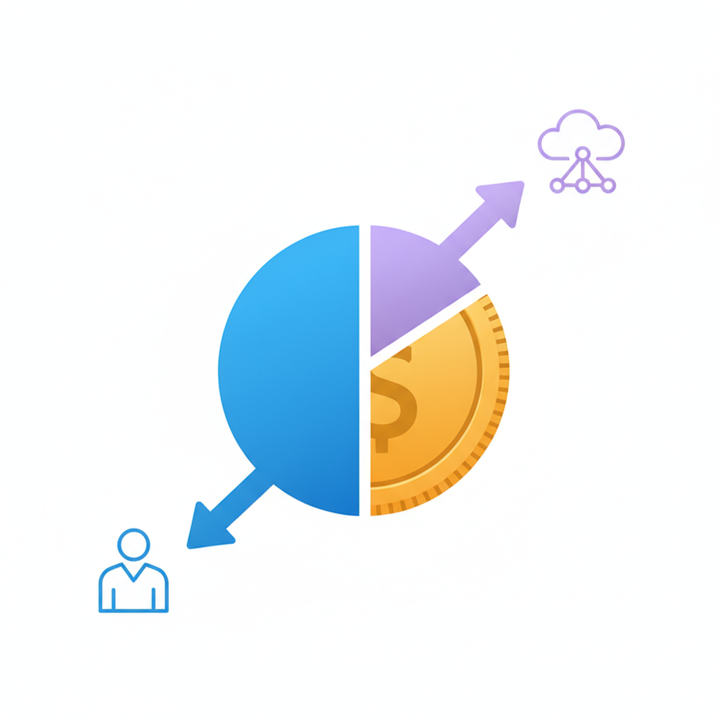 Minimal abstract chart diagram showing a single dollar coin splitting into a large portion for the user and a small slice for the platform. Clean vector style.