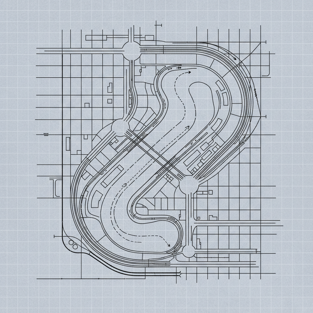 City infrastructure plan with river, line art style, technical drawing, blueprint aesthetic, minimalistic, black and white sketch, clean lines