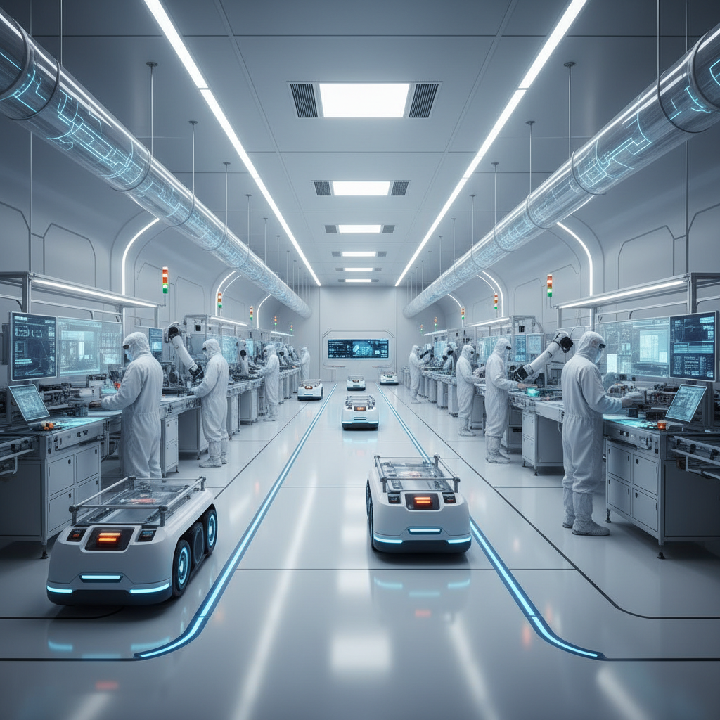 Clean, white, futuristic electronics manufacturing floor with workers in lab coats, wide angle