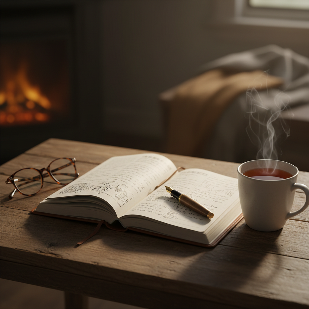 Close-up photo of a handwritten journal or planner on a wooden table, with a pen and a cup of tea, warm cozy lighting, reading glasses nearby