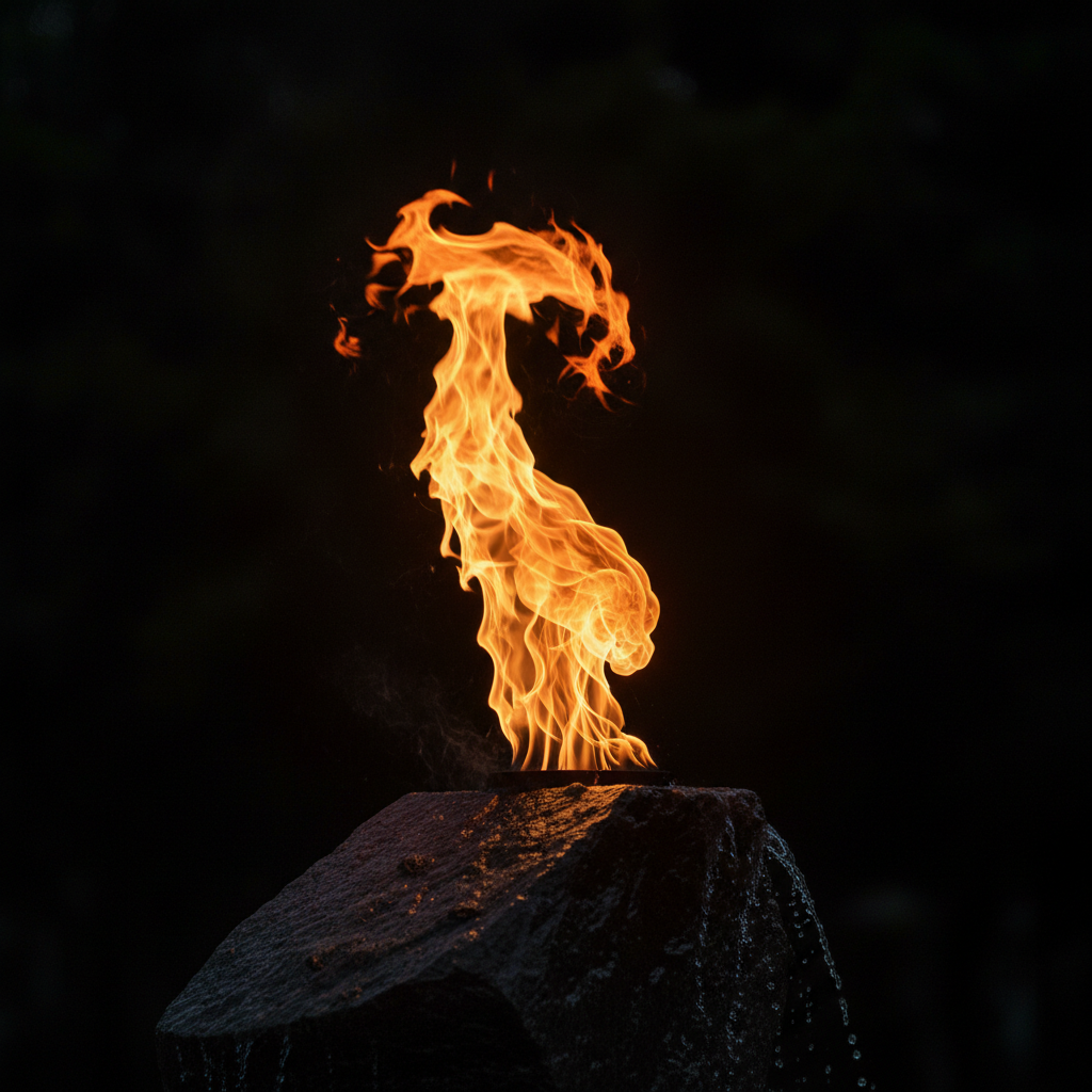 Eternal flame memorial flame close up, dark background, cinematic, respectful
