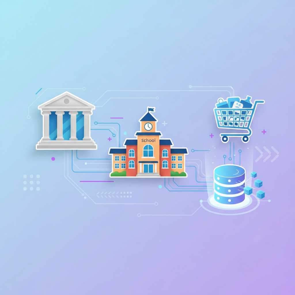 Collage illustration of a bank building, a school, and a shopping cart connected by digital lines to a database symbol